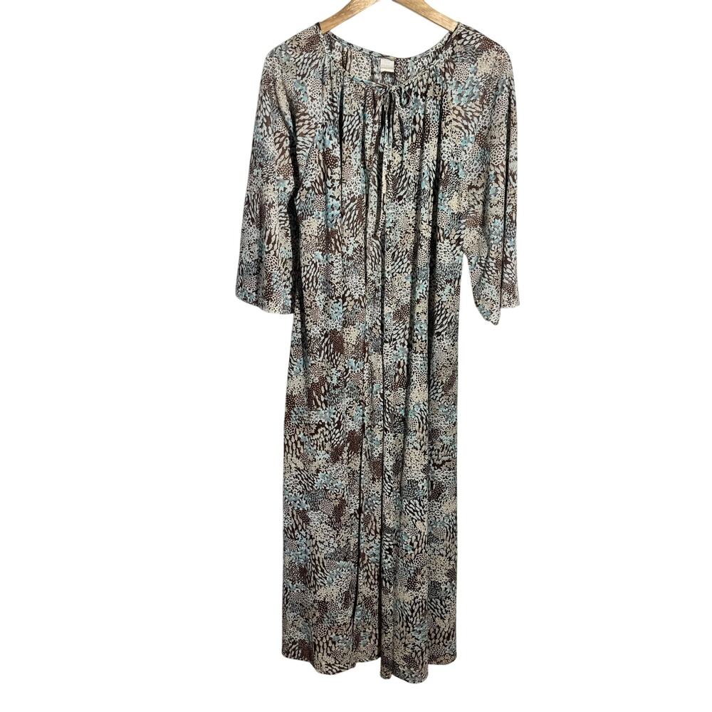 Vintage Mixed Animal Print Retro Lounge Duster Women L Brown Blue 80s Boho Glam